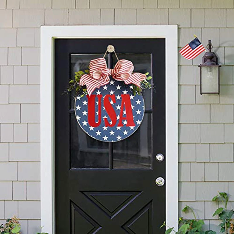 

Independence Day Welcome Door Sign Plaque Window Wall Door Hanging Tags Round Wooden Ornaments DIY Holiday Home