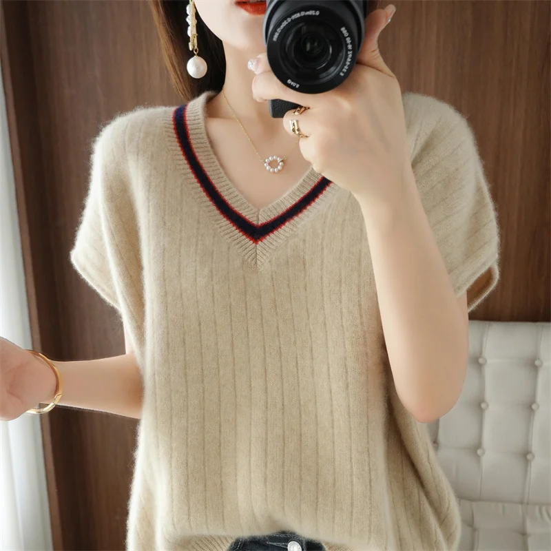 

Cashmere sweater women's winter 2021 V-neck 100% wool sweater color-blocking oversized casual knitted pullover top short sleeves