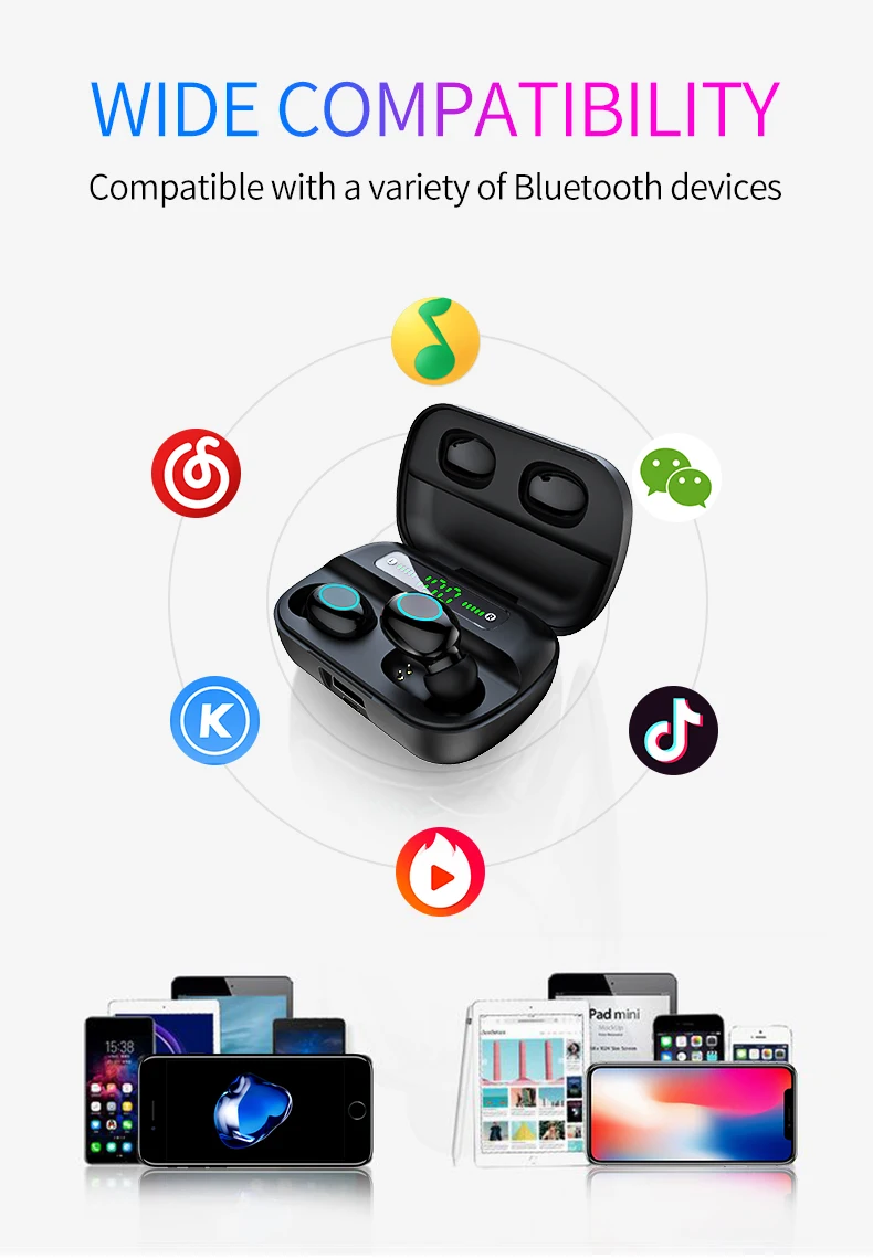 HBQ Touch Bluetooth V5.0 наушники портативные TWS беспроводные мини наушники 3D стерео гарнитура 3500 мАч как внешний аккумулятор с светодиодный дисплеем