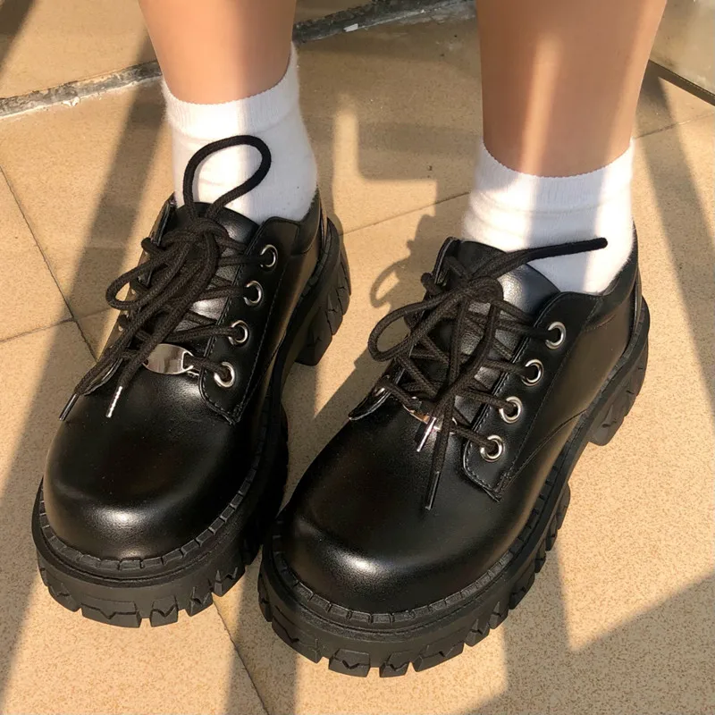 

2021 New Black Shoes Platform Platform Shoes Women Harajuku Japanese JK Big Head Leather Shoes College British Style Ins Fashion