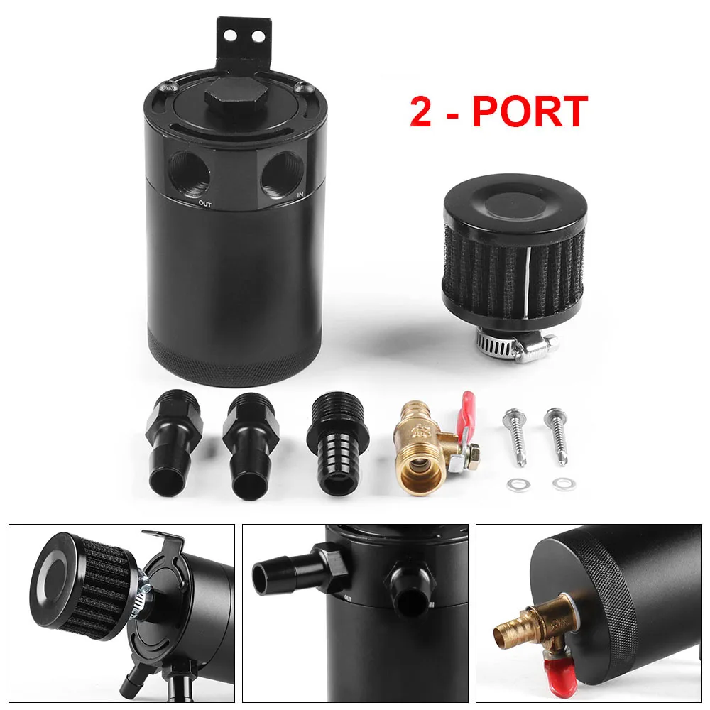 

Car Aluminum Reservoir Oil Catch Can Tank 2-Port Baffled Reservoir with Drain Valve Breather Cylinder Filter Kit