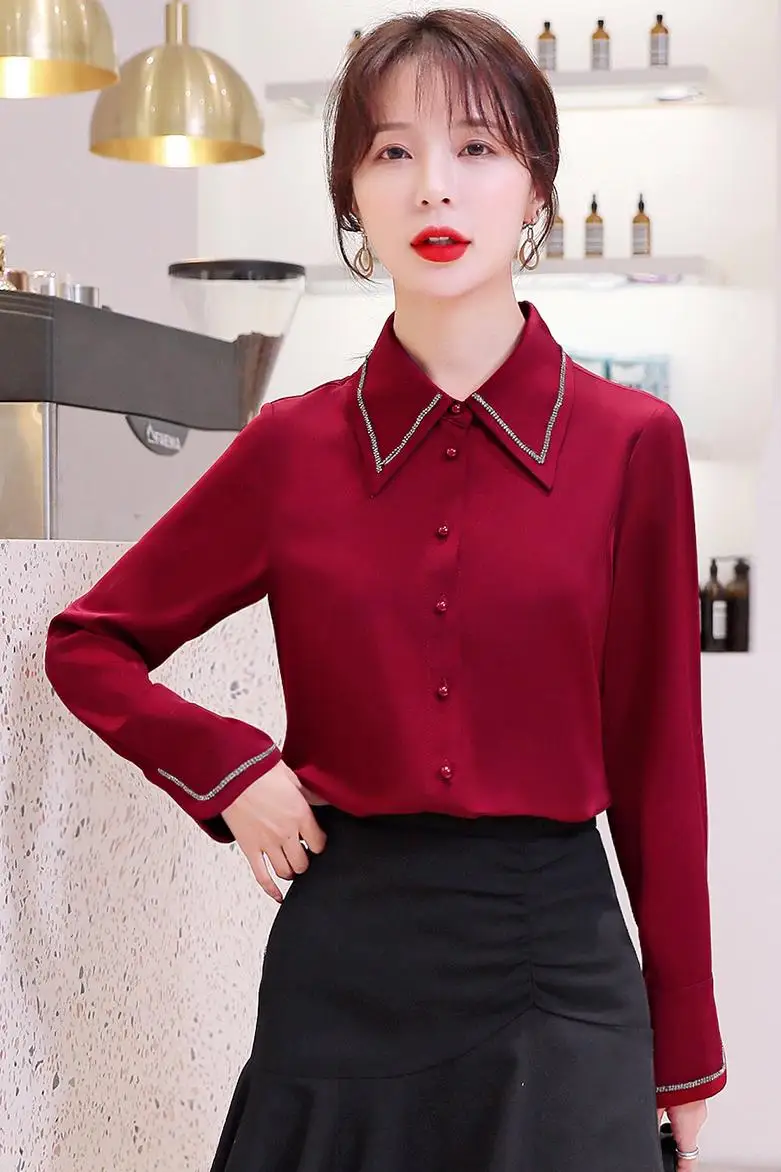 

COIGARSAM Fashion Full Sleeve Shirt Womens tops Spring Office Lady Casual Chiffon Women shirts Wine Red Black 39001