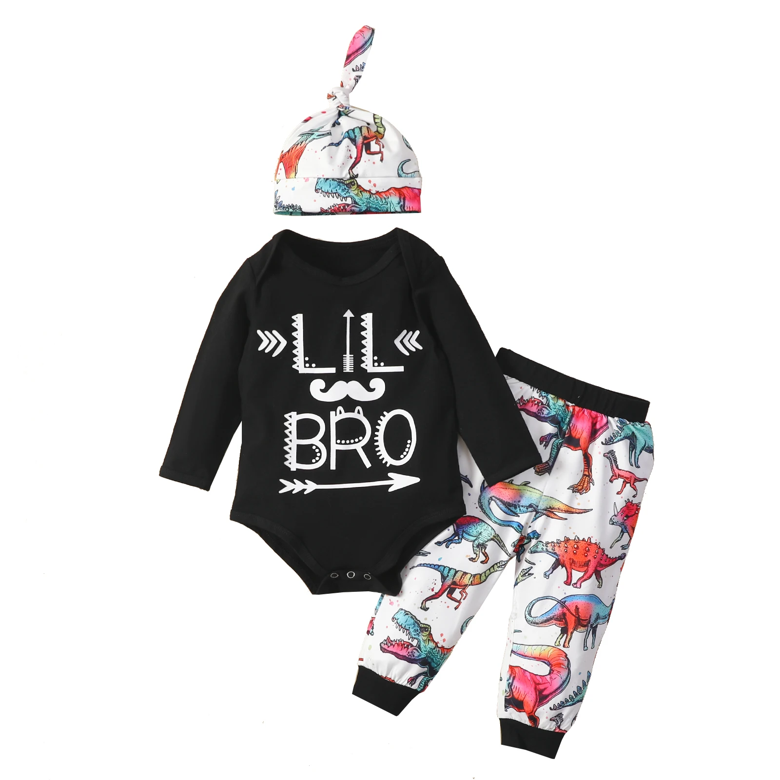 

Bmnmsl 3Pcs Baby Boys Casual Outfits Letter Print Long Sleeve Round Neck Playsuit + Dinosaur Pattern Trousers + Knotted Cap Sets