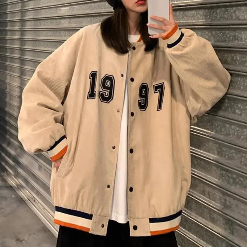 

Vintage Print Corduroy Baseball Jacket Women Round Neck Pocket Loose Coat Korean Style Harajuku Casual Unisex Baseball Uniform