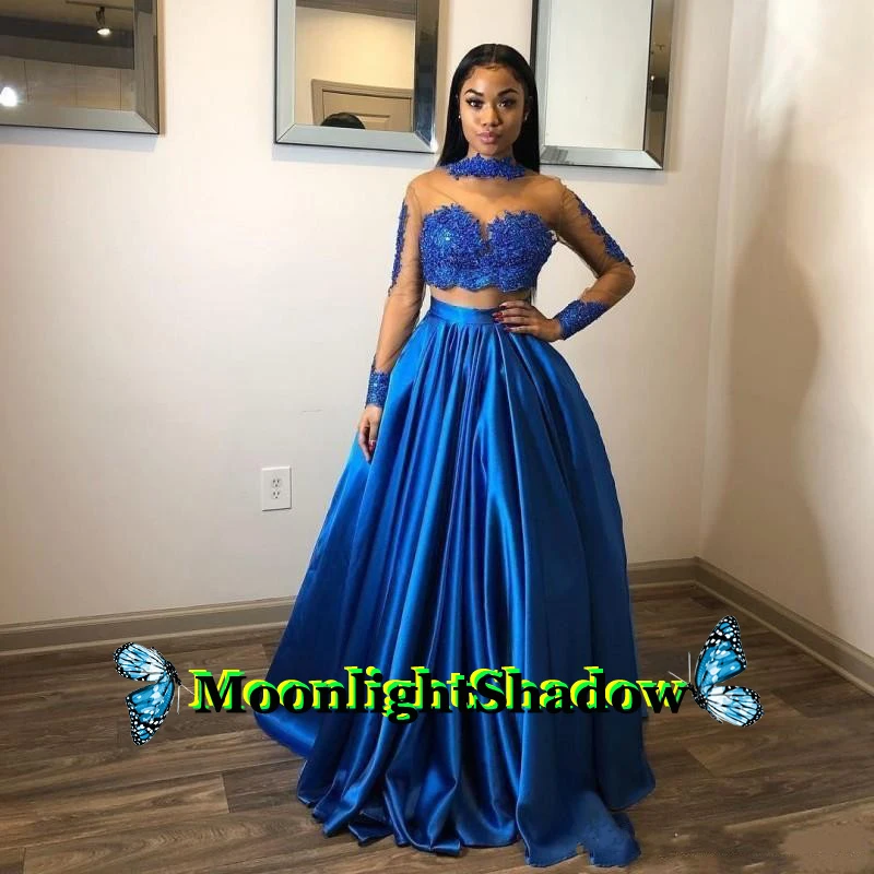 

Blue Two Pieces Evening Dress Appliques Aline Dubai Arabic Saudi Arabian Vestidos De Festa Girl Formal Party Prom Plus
