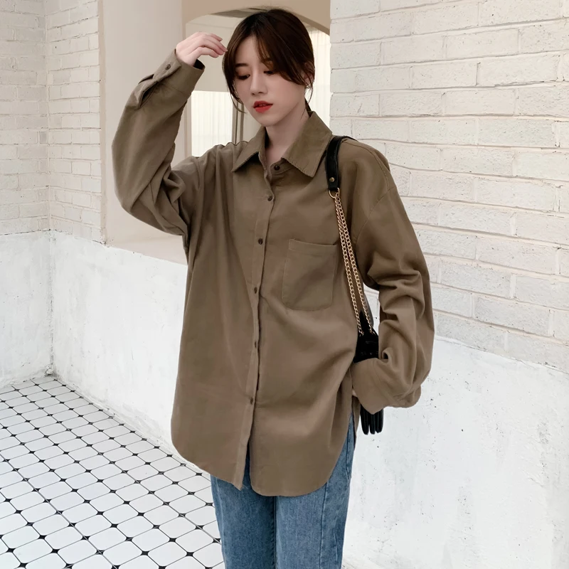 KINOMI Осень Зима с длинным рукавом OL Стиль Вельветовая блузка Рубашки Женская