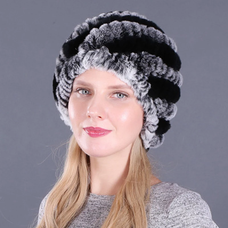 

2021 Outdoor Winter Good Elastic Rabbit Fur Hat Women Knitted Natural Rex Rabbit Fur Skullies Cap Warm Soft Fur Beanies Hats