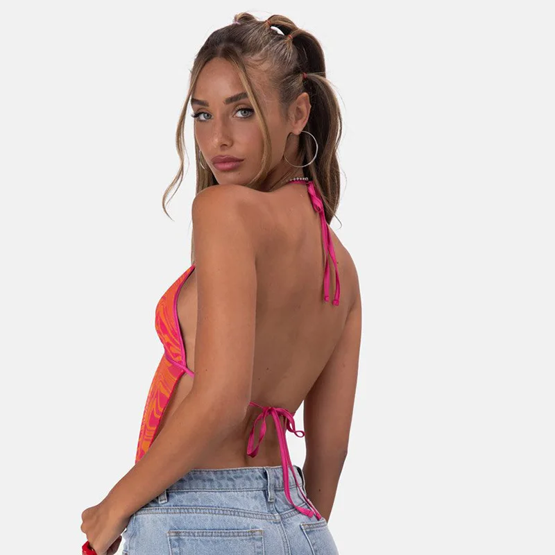 

Ladies Sling T-Shirt Lace-Up Halter Sleeveless Print Navel Halter Sexy New Unique Design Outdoor Streetwear Club Party Top