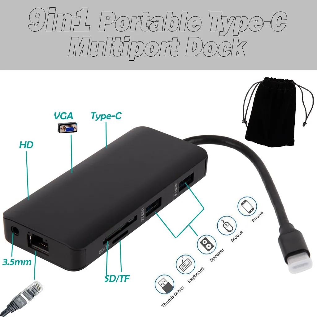 Ouhaobin 9в1 концентратор USB type C адаптер для HDMI 4 K видео Ethernet RJ45 LAN многопортовый с