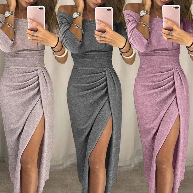 Женское блестящее платье Vestido сексуальное с вырезом лодочкой вечерние платья