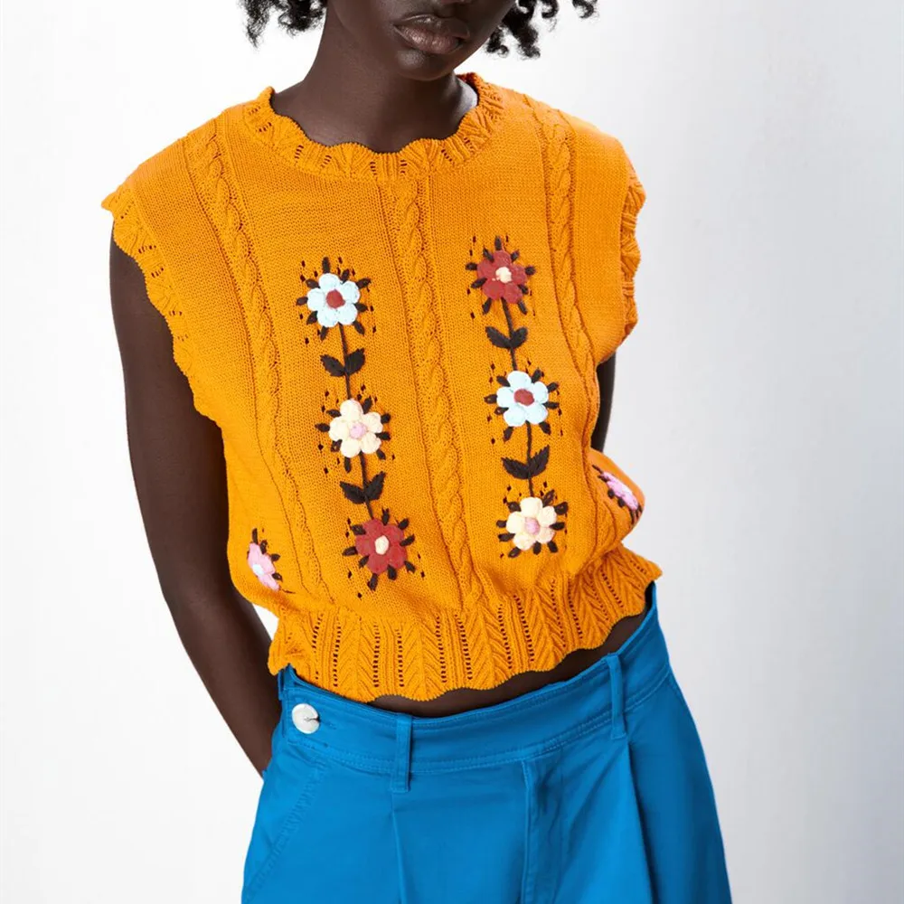 

2021 ZA; Сезон лето; Новинка; Милые с цветочной вышивкой вязаный Топ, футболка без рукавов, майка Женский RA 9598092 9598/092