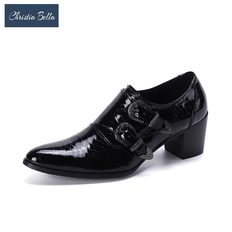 

Christia Bella British Black Men High Heels Shoes Patent Leather Thick Heel Oxford Shoes Man Buckle Strap Formal Dress Shoes