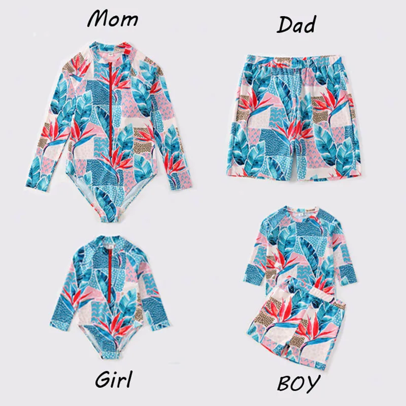 

One Piece Swimsuit Parent-child Swimwear Women Print Long Sleeve Zipper Mother Daughter Family Matching Father Son Swim Suit