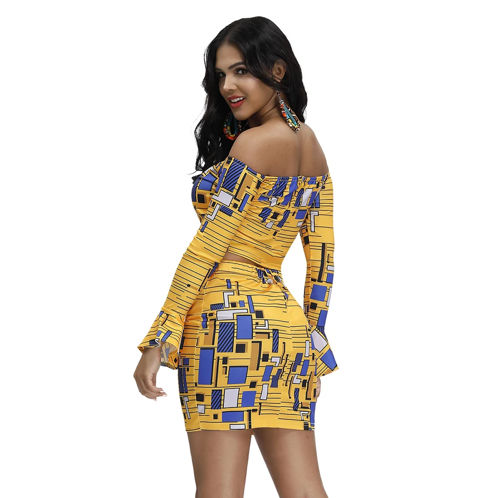 Bohisen африканские платья для женщин Дашики печати 2 шт. Длинные оборками рукавом