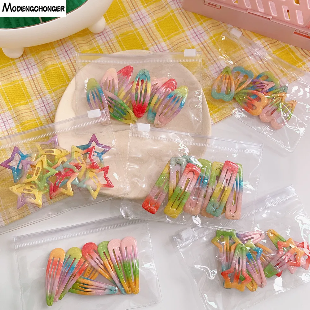

10PCS/Set Winter Gradient Color Star Children Hairpin Sweet Girl Cute Glitter Dripping Oil BB Clip Warm Color Hair Accessories