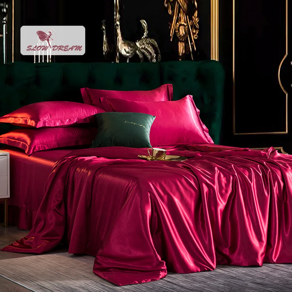 

SlowDream Women Wine Red Satin Bedding Set Silky Duvet Cover Bedspread Twin Full Queen King Family Bed Linen Set Home Textile