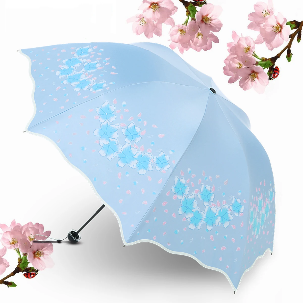 Зонт с принтом солнечный и дождливый черное покрытие женский складной новинка