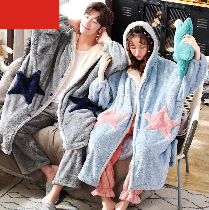 2021 New Couples Coral Velvet Pajamas Korean Version of The Long Thickened Warm Loungewear Loose Winter Cat Paw Robe Pajamas