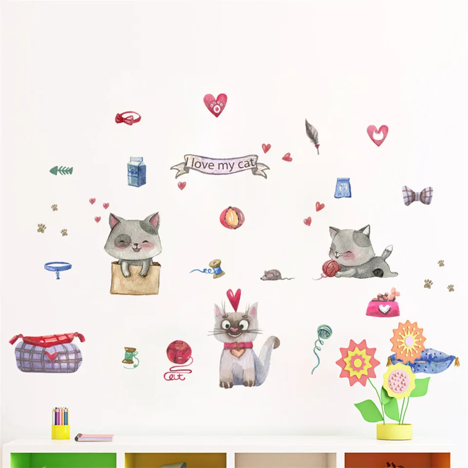 Милый мультяшный стикер на стену с кошкой для детской комнаты спальни дома
