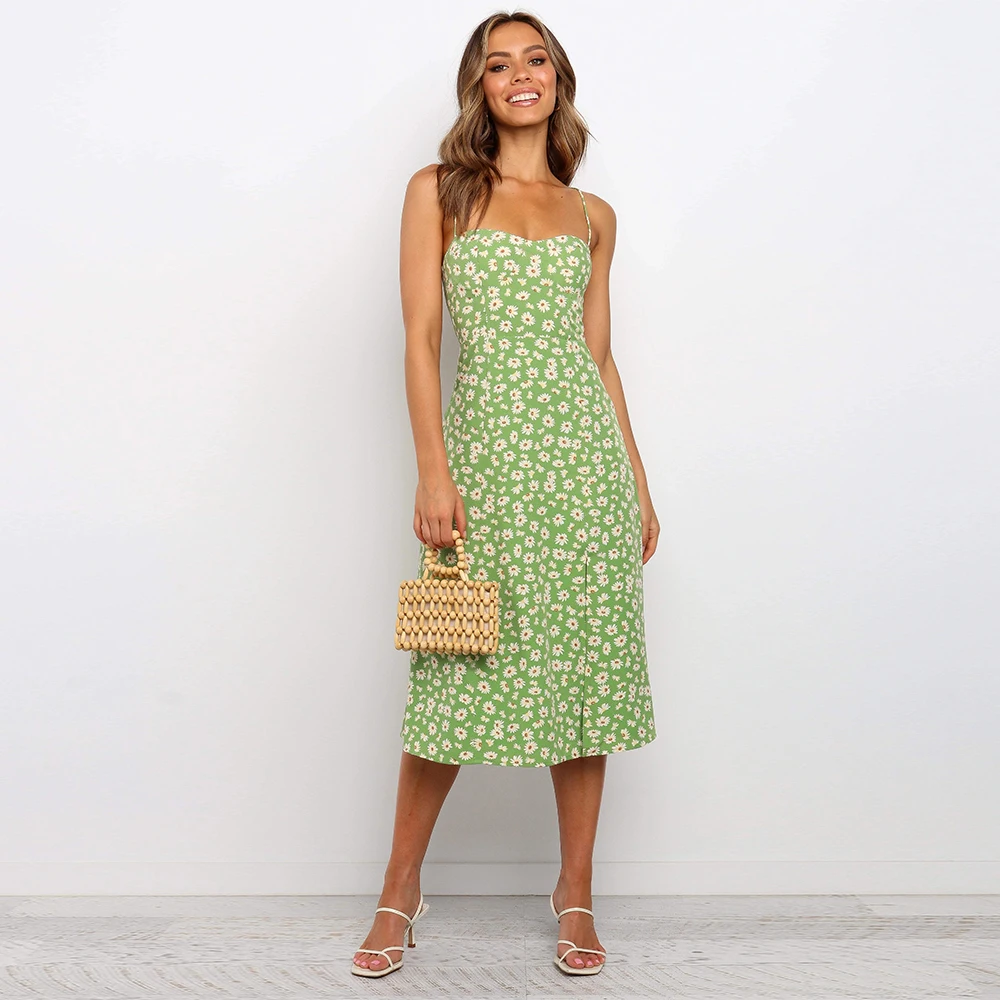

Summer Women Dress Sexy Medium Length Printed Suspender Dress Floral Sleeveless Ankle Length Straight Collar Dress Split fork