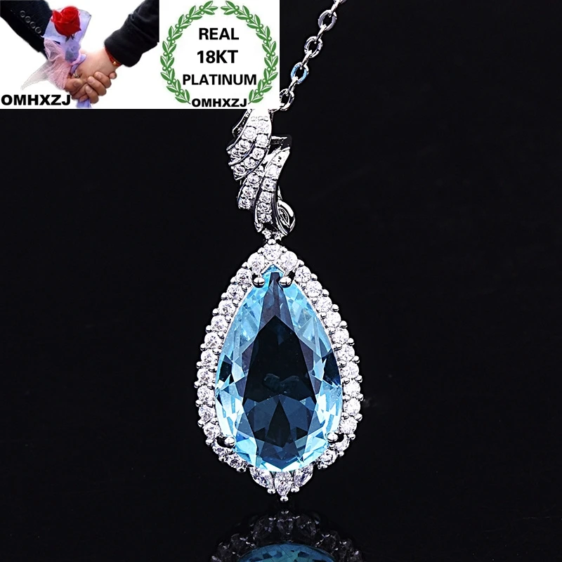 

OMHXZJ Wholesale European Fashion Woman Girl Party Birthday Gift Water Drop Topaz Zircon 18KT White Gold Pendant Necklace NA262
