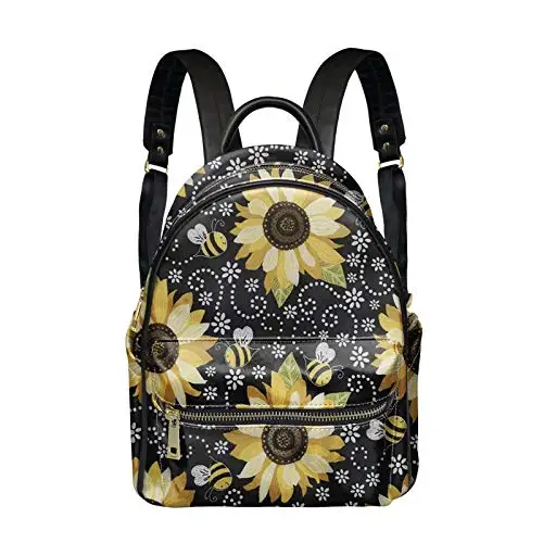 

Floral Sunflower Backpack for Women PU Leather Backpack, School Bag Large Capacity College Bookbag, White