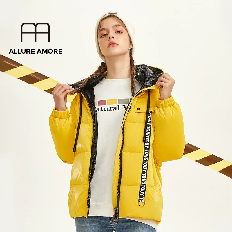 Allure Amore зимнее Новое поступление женское с капюшоном контрастного цвета толстое теплое модное женское короткое пуховое пальто