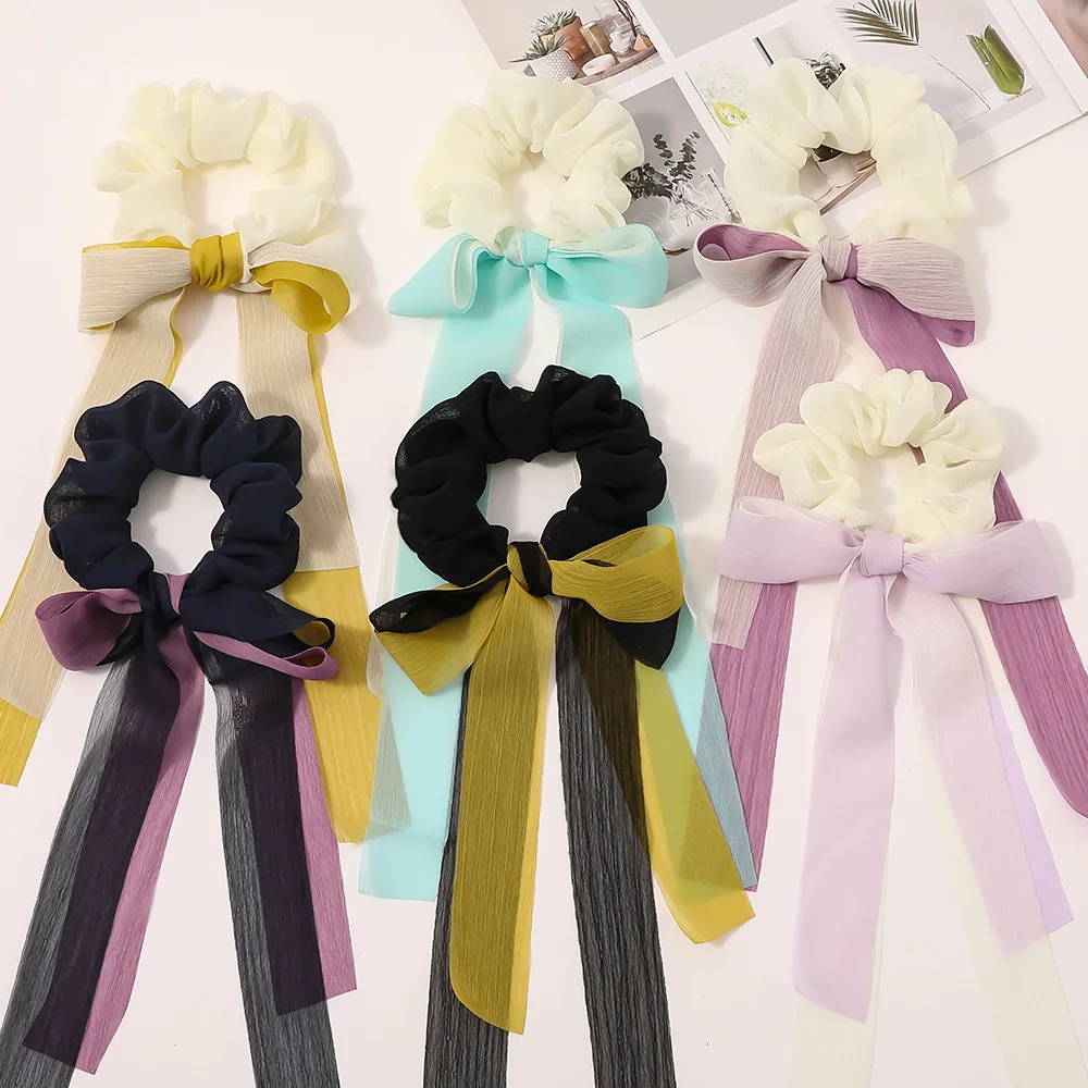 

Ribbon Chiffon Scrunchies Patchwork Bowknot Scrunchie Women Rubber Hair Ties Elastic Hair Bands Girls Headwear Ponytail Holder