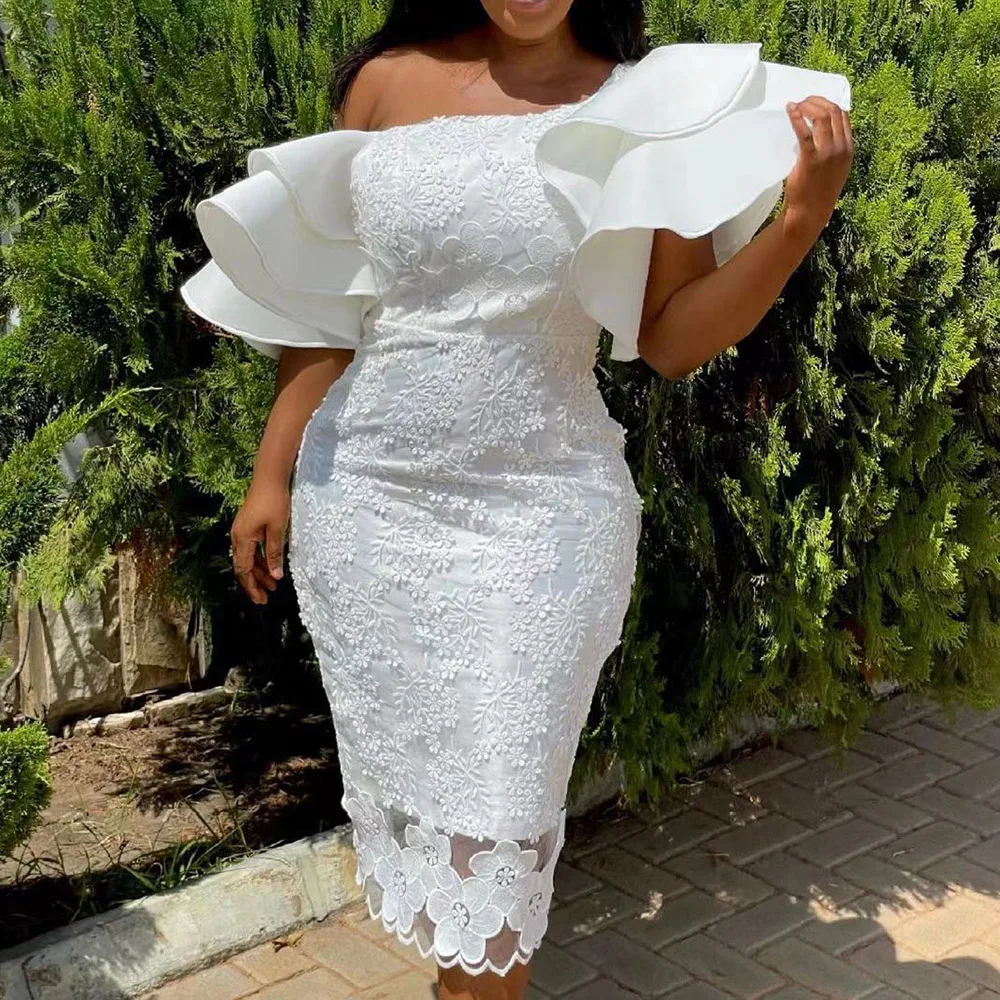 Embroidered Lace Dress Women Party Evening Midi Dresses Female Ruffle