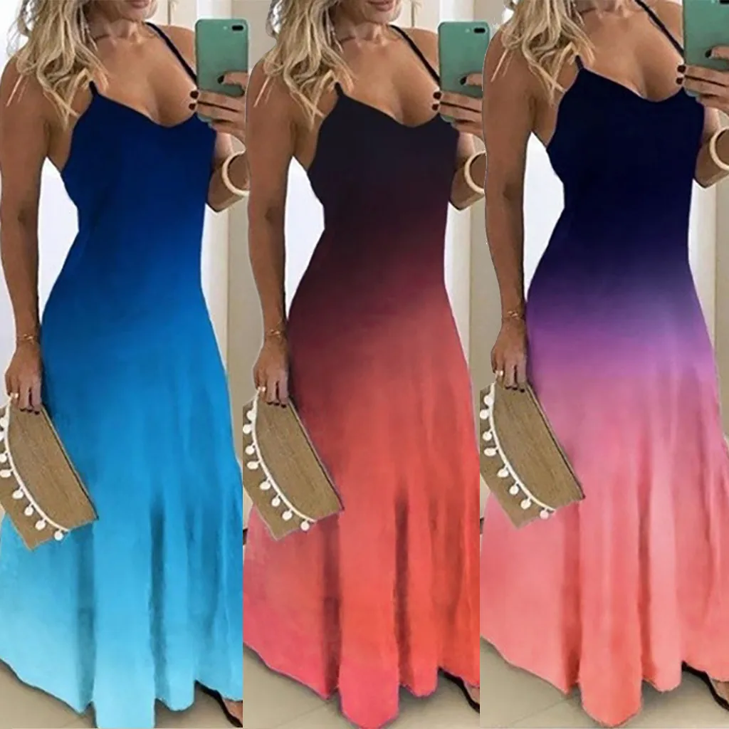 Женское длинное платье с О образным вырезом без рукавов крашеное градиентный