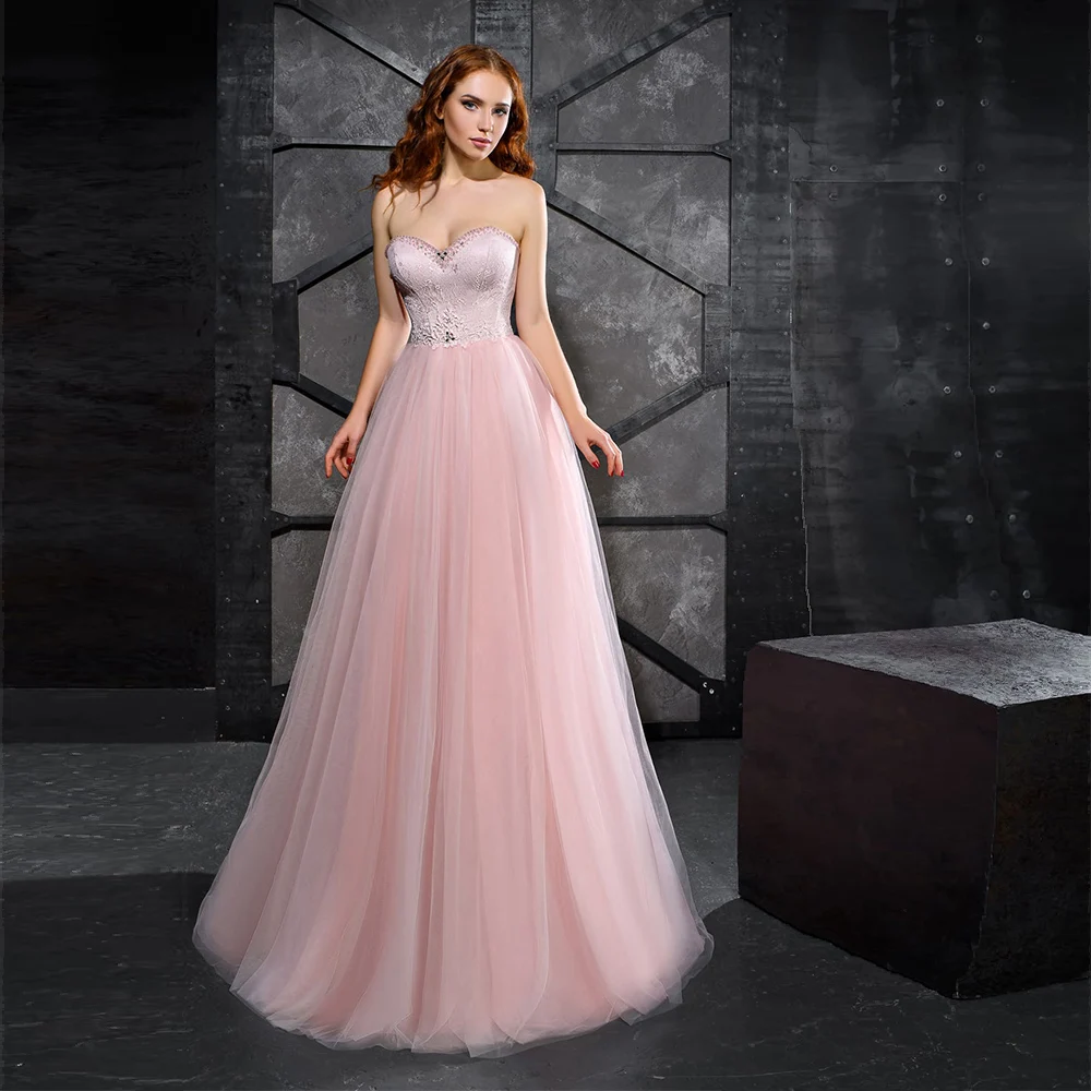 

EAEOVN Pink Prom Dress A Line Sweetheart Floor Length Simple Prom Gown Beaded Lace Applique Zipper-up Classic Homecoming Dress