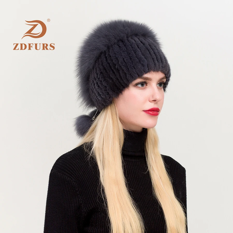 ZDFURS* горячая Распродажа модные зимние теплые женские вязаные шапки норковые шапки вертикальное плетение с лисьим мехом на верхней части