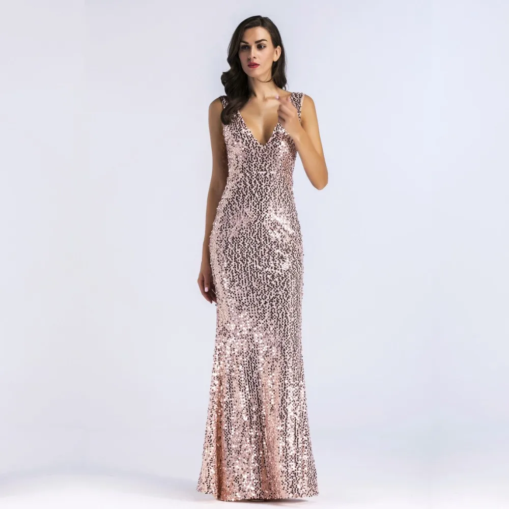 

Gold Sequins V Neck Mermaid Long Evening Dresses Backless Sexy Formal Lady Prom Dress New Spring Party Gown YSAN970