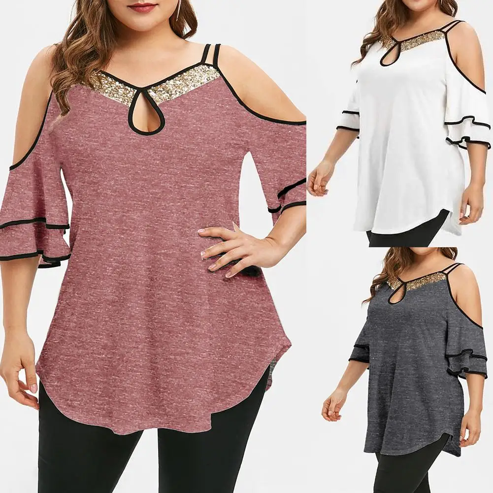 Женская Асимметричная блузка с блестками и открытыми плечами размера плюс