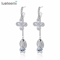 luoteemi long luxury shiny pave aaa cubic zirconia earrings exquisite cz chandelier wedding bridal earrings flower women brincos