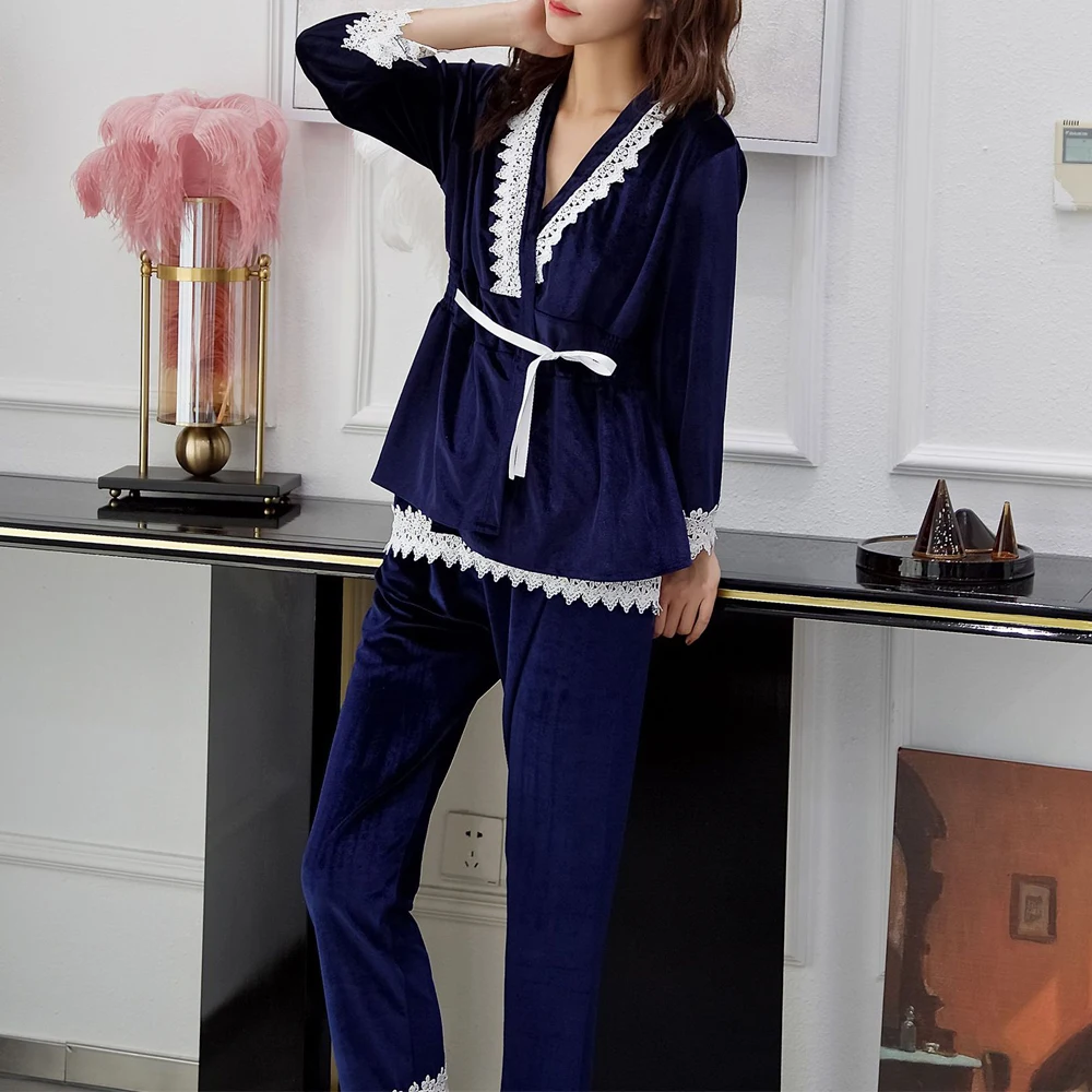 3 шт. Женские пижамы кружевные золотые бархатные ночнушки комплект ночной