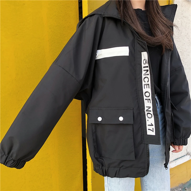 Куртка женская весна и осень Корейская версия оснастки Harajuku Свободная куртка Студенческая с капюшоном порт ветер бейсбол одежда