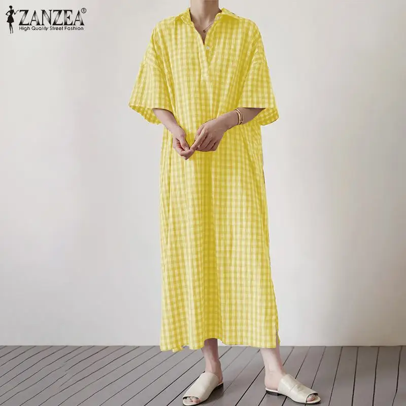 

Женский Осенний сарафан ZANZEA 2022, элегантное платье с рукавом до локтя, рубашки с воротником с лацканами, винтажное платье-макси, модель оверс...