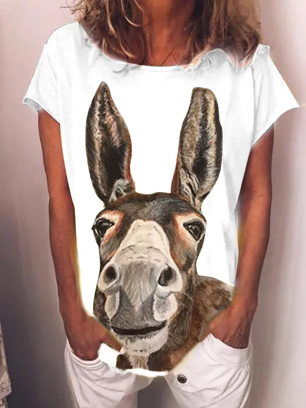 Cartoon Donkey Head Print T Shirts Womens White T-Shirt Summer Tops Vintage Casual Fashion O Neck Short Sleeve Loose Tee Camisas | Женская