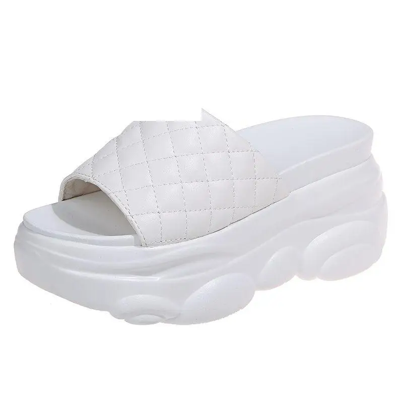 

House Slippers Platform Female Shoes Slides Women Heels Fashion 2021 Summer High Luxury Flat PU Flat Shoes Female Slippers Women