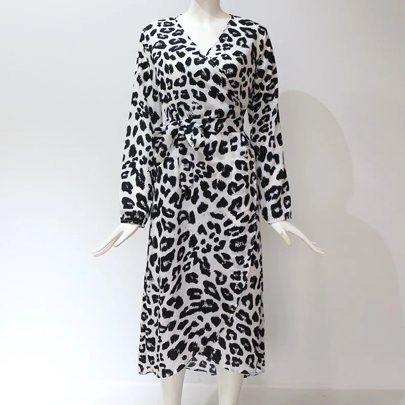 

QNPQYX Women Leopard Dresses Chiffon Long Beach Dress Loose Long Sleeve Deep V-neck Mid-calf Sexy Dress Vestidos De Fiesta