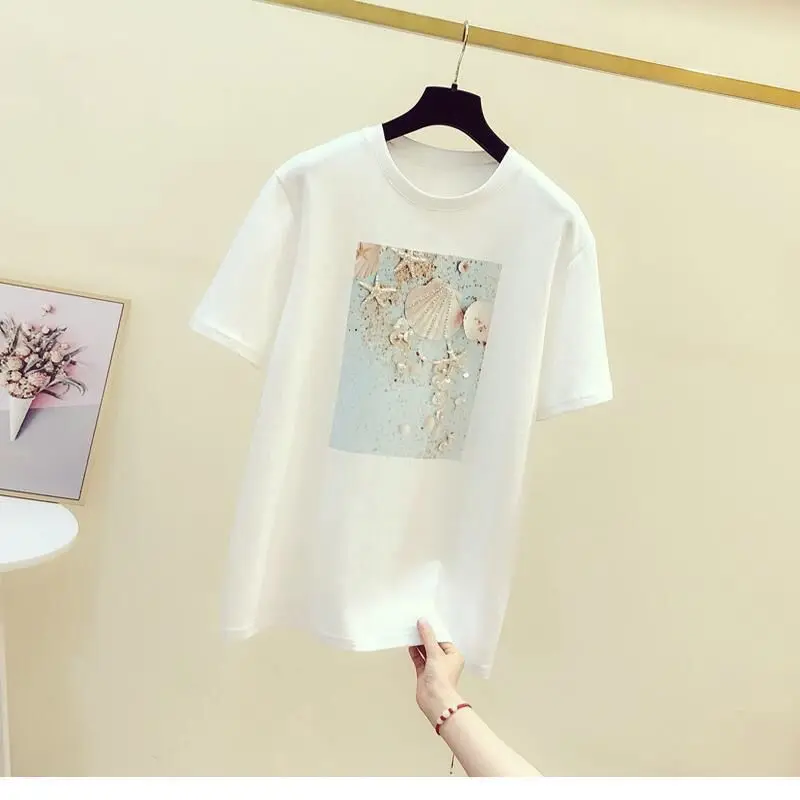 

2021 Summer New Sequined Diamond Bead Printing T-shirt Female Korean Version Loose Design Top