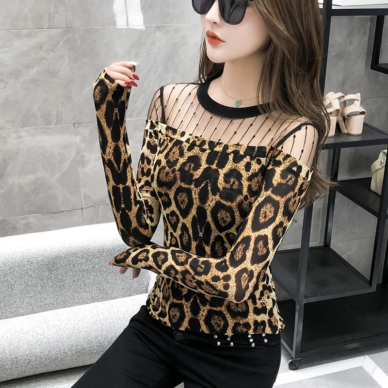 

Long Sleeve Leopard sexy lace Splice Blouse Women Tops Turtleneck Shirt Ladies OL Party Streetwear Blusas mujer de moda 2022