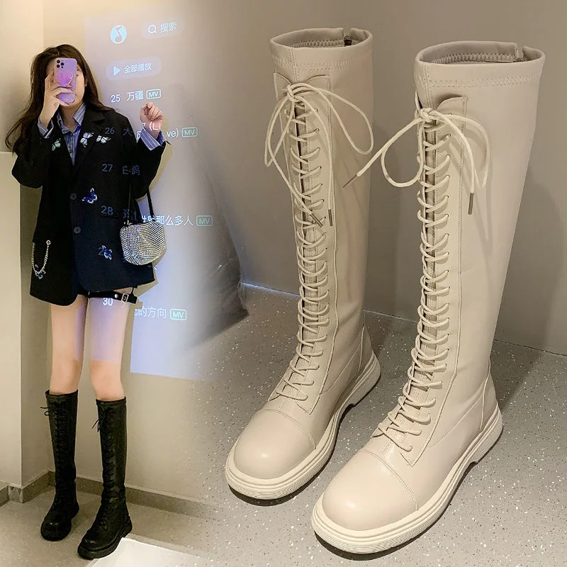 

2021 Autumn Winter Women's High Boots Black Beige Botas Lace-up Flat Non-slip Martin Boots High Quality Ankle Boots Knight Boots