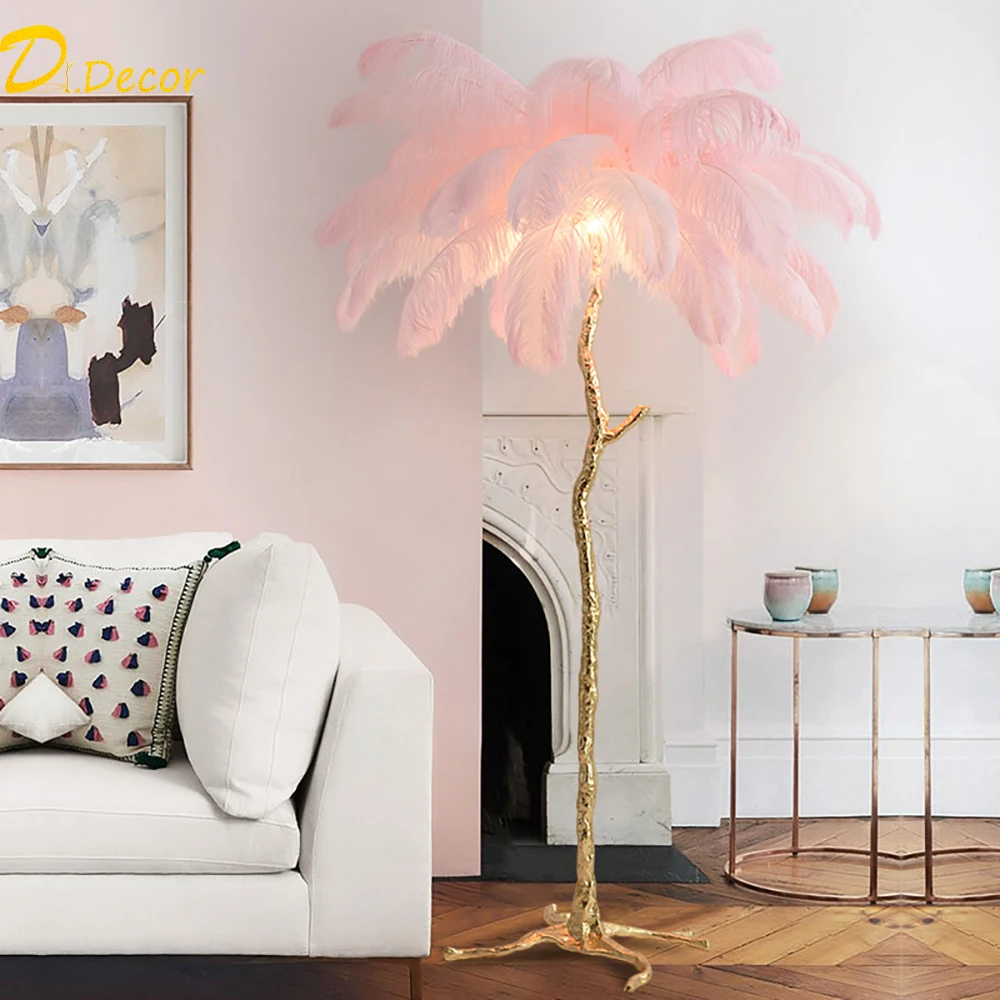 

Luxury Ostrich Feather Floor Lamp Nordic Decorat Household Copper Vertical Bedroom Bedside Lamp Living Room Interior Lighting