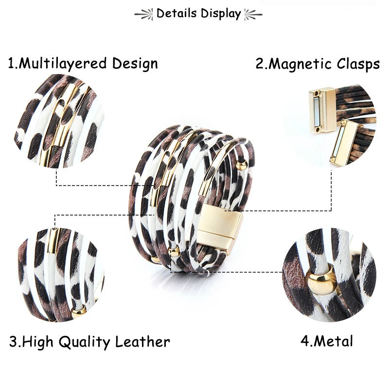 Браслет женский многослойный широкий из кожи с леопардовым принтом | Украшения и