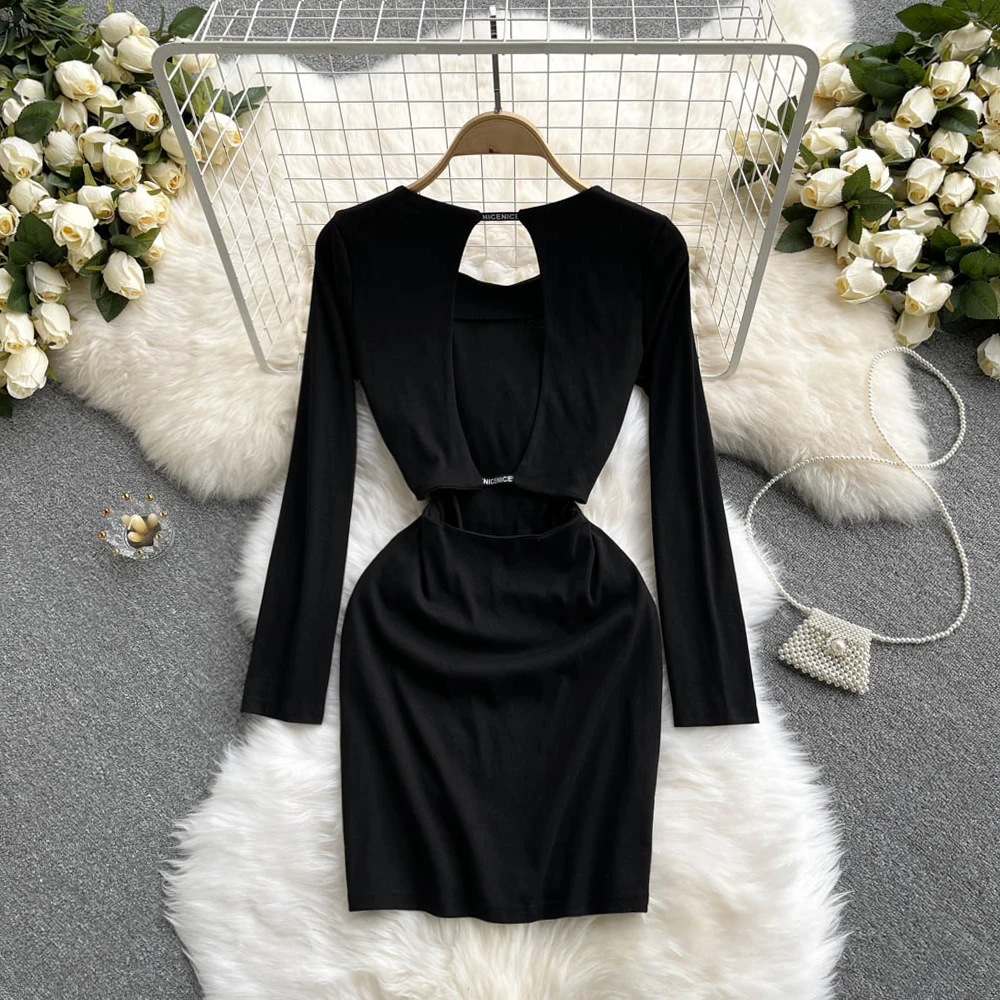 

B461 Women New Fashion Round Neck Hollow Out Hot Girl Black Package Hip Short Dress Thin Casual Clothes Vestidos