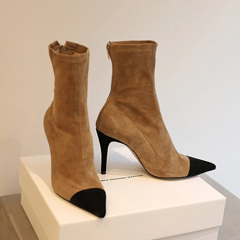

LOVIRS Women Ankle Sock Boots Chamois Leather Short Plush Pointed Toe Sexy Stiletto Women Boots Dress Party Office Women Shoes