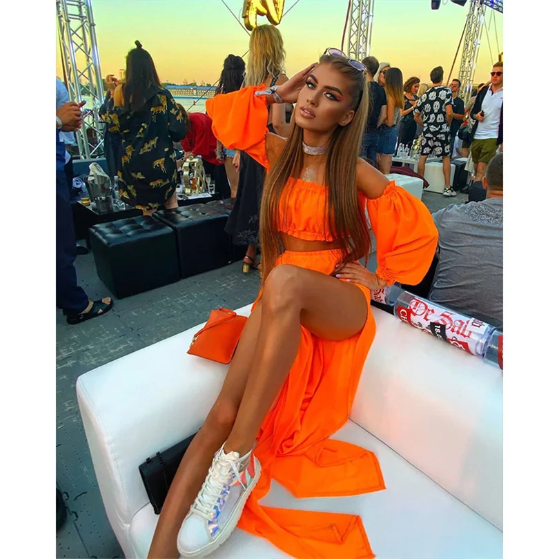 

new Women's Clothing Set Off Shoulder Long Sleeve Tops and Cover Up Skirt Two-piece Suit for Travelling Beach Vacation