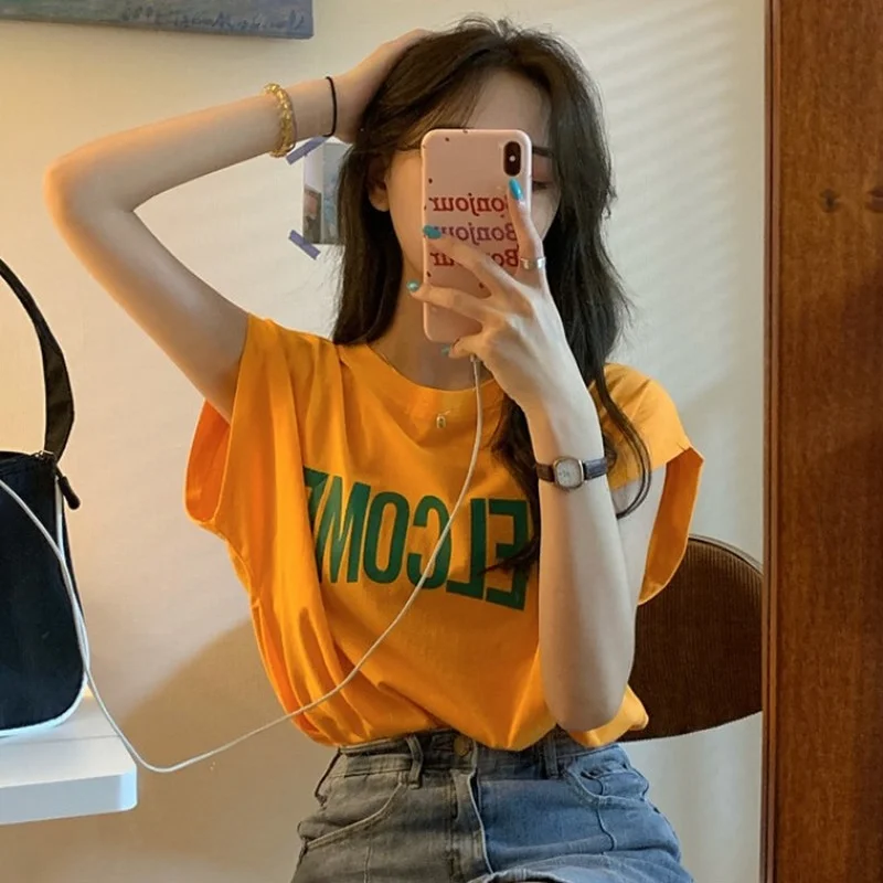 

Уличный стиль, новые летние смешные футболки, женская одежда, модные Универсальные топы без рукавов с надписью, свободные футболки с круглы...